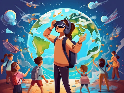 Interactive school concept of kids wearing VR virtual reality glasses. E-learning, education and learning concept 