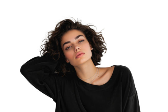 woman in a relaxed yet confident pose, showcasing her easygoing demeanor and approachability