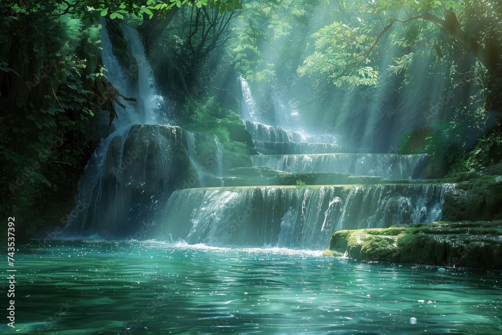 Poster waterfall in the forest. water is the source of life. a slide background for showcasing the importan