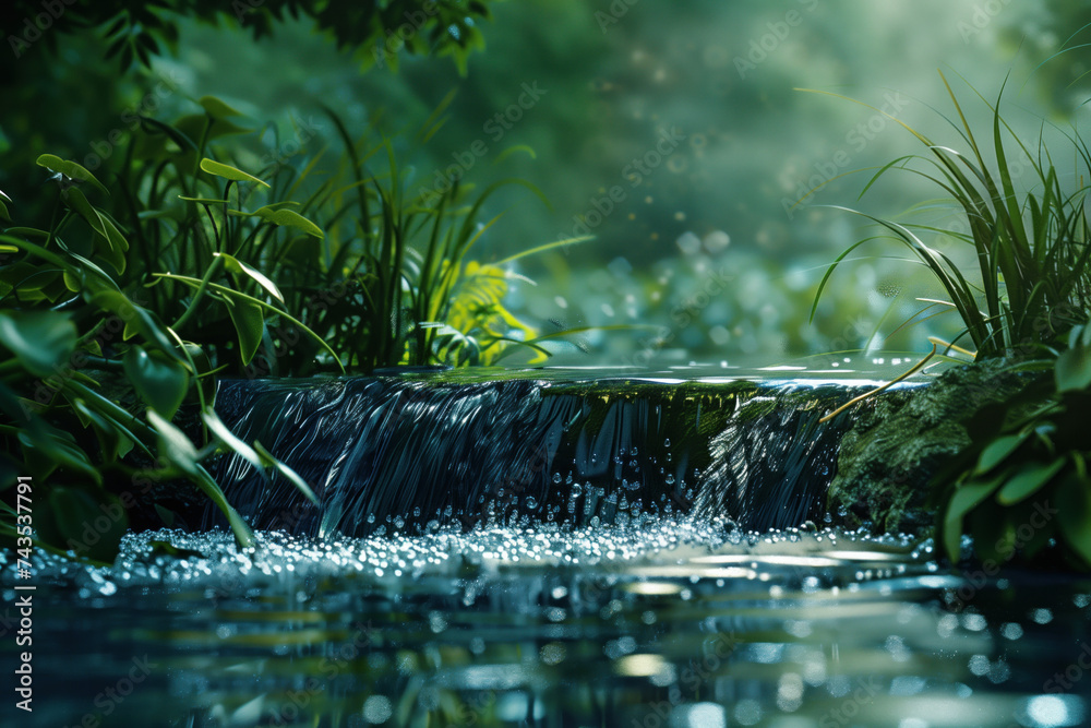 Poster water splash in the forest. water is the source of life. a slide background for showcasing the impor
