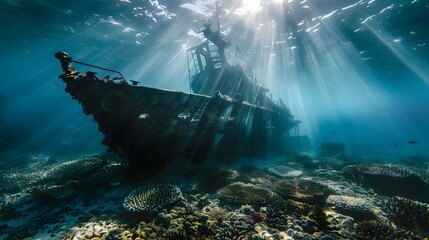 Sunlit Underwater Shipwreck Among Coral Reefs - obrazy, fototapety, plakaty