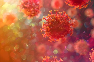 Coronavirus Bacteria Stylized in Pointillist Florals with Glowing Orange Viruses - obrazy, fototapety, plakaty