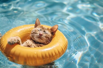 Kitten Sleeping on Inflatable Ring in the Pool - obrazy, fototapety, plakaty