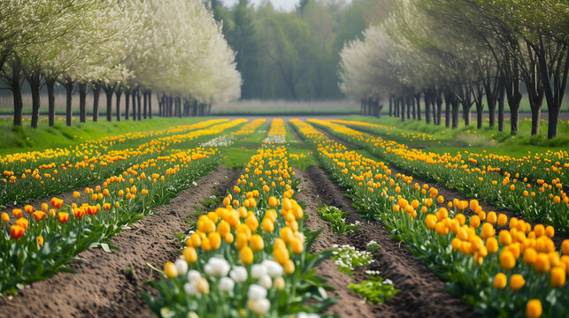 Yellow Tulip field with trees. Breathtaking landscape photography