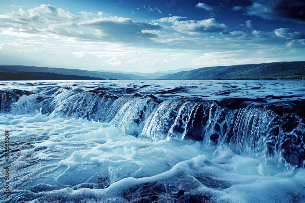 Poster waterfall on the river. water is the source of life. a slide background for showcasing the importanc