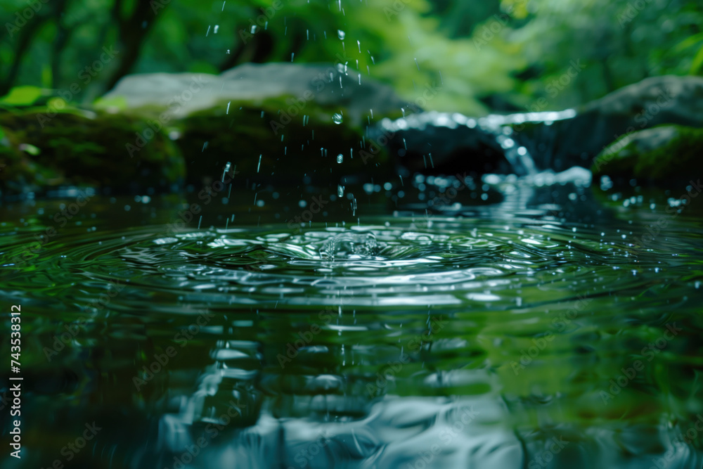 Poster water splash in a forest. water is the source of life. a slide background for showcasing the importa