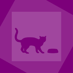 Silhouette of a cat and a bowl on a violet background with squares. Vector illustration, web design object.