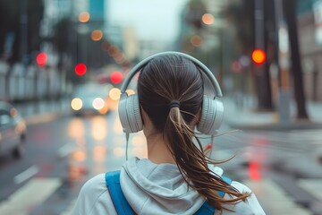 Woman with Headphones Walking on a Rainy City Street