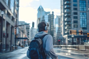 Urban Street Style Man Walking in City with Headphones - obrazy, fototapety, plakaty