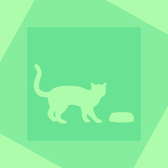 Silhouette of a cat and a bowl on a green background with squares. Vector illustration, web design object.