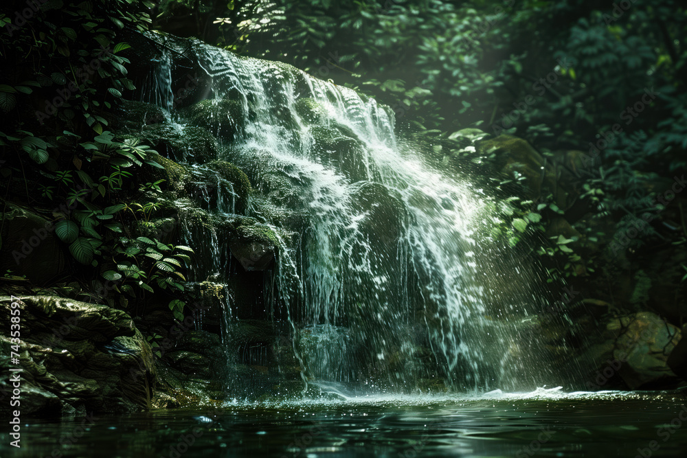 Poster waterfall in the forest. water is the source of life. a slide background for showcasing the importan