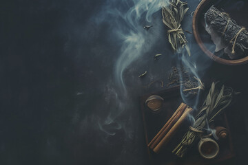 Spiritual practices kit flat lay view with dark background.