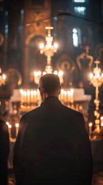 An orthodox priest or monk before the althar in an orthodox church