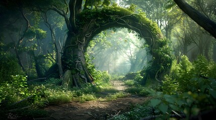 Fantasy Forest Archway Surrounded by Organic Nature-Inspired Forms