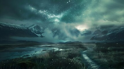 Dark Teal and Light Silver Landscape with Mountains and Clouds