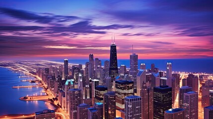 Dusk over Downtown. Aerial View of Chicago Skyline with Night Panorama and Skyscrapers