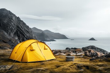 Camping Equipment - Yellow Tent with Gear, Set Up Against Majestic Mountains and Ocean with Plenty