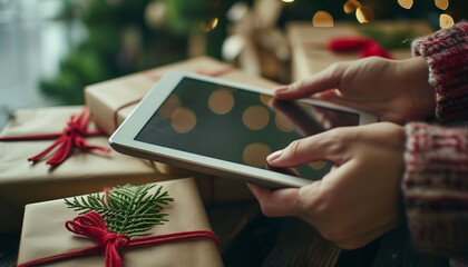 A person is seen shopping for gifts on a tablet - illustrating the convenience and wide variety of choices offered by online shopping - wide format