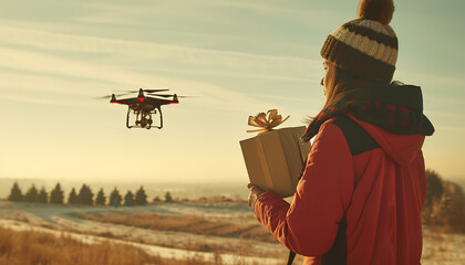 A drone hovers in the air - carrying a small package wrapped as a gift - showing how technology is revolutionizing gift delivery - wide format - obrazy, fototapety, plakaty