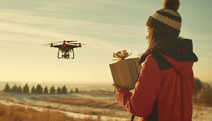 Fotobehang A drone hovers in the air - carrying a small package wrapped as a gift - showing how technology is revolutionizing gift delivery - wide format © Davivd