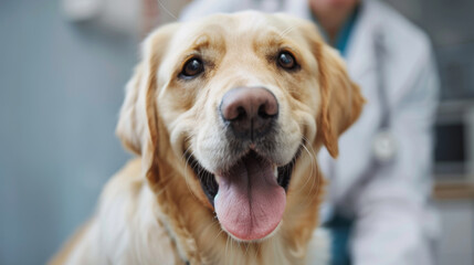 A happy golden retriever dog sits in a veterinary office with a veterinarian in scrubs partially visible in the background.