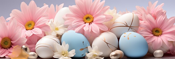 Fototapeta na wymiar Banner with Easter eggs in pastel colors and delicate pink spring flowers