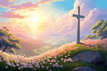 
Illustration a serene Easter morning scene with a cross and blooming flowers in a peaceful garden setting, symbolizing the spiritual significance of the holiday, against a tranquil pastel sky