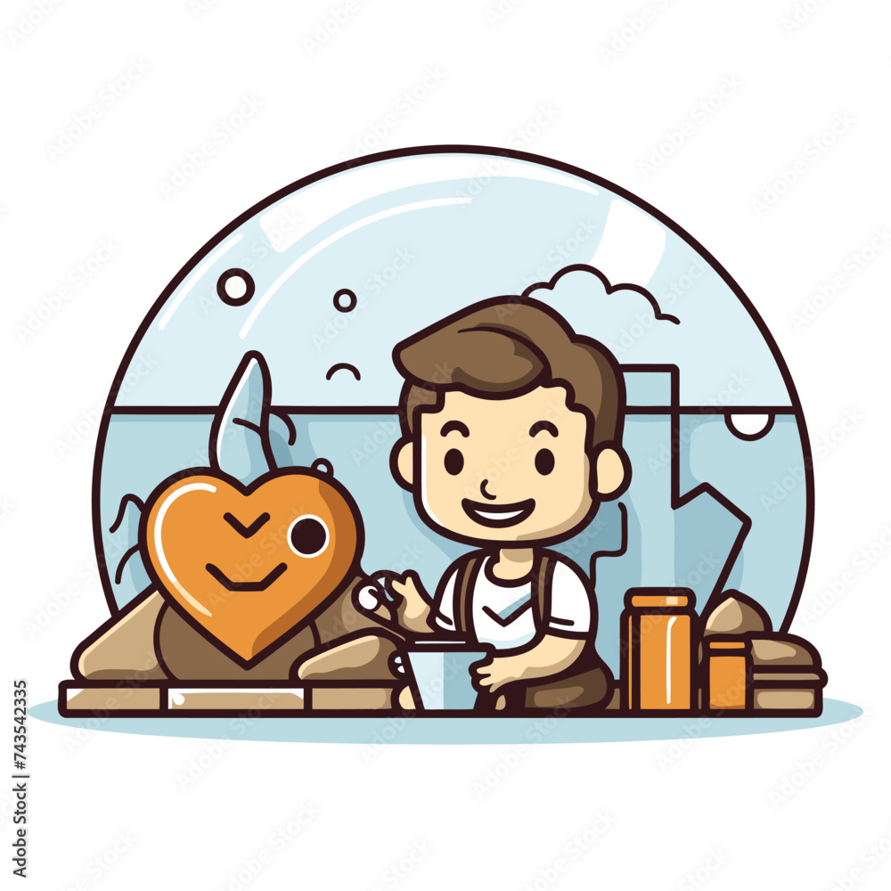 Poster boy playing with a cup of coffee in the beach. vector illustration