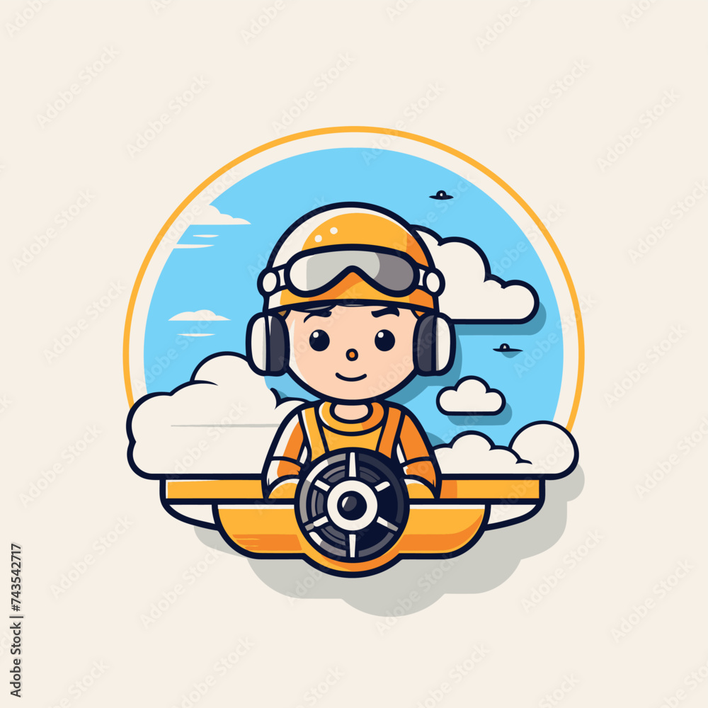 Sticker cute boy driving a boat with helmet and goggles. vector illustration.