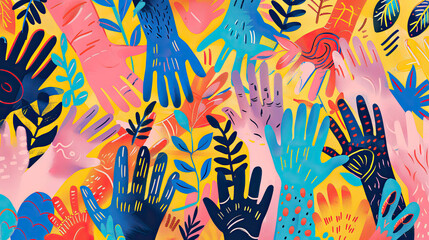An illustration showcasing a collection of diverse and colorful hands raised up. Unity, participation, diversity, and the power of collective action in our multicultural society