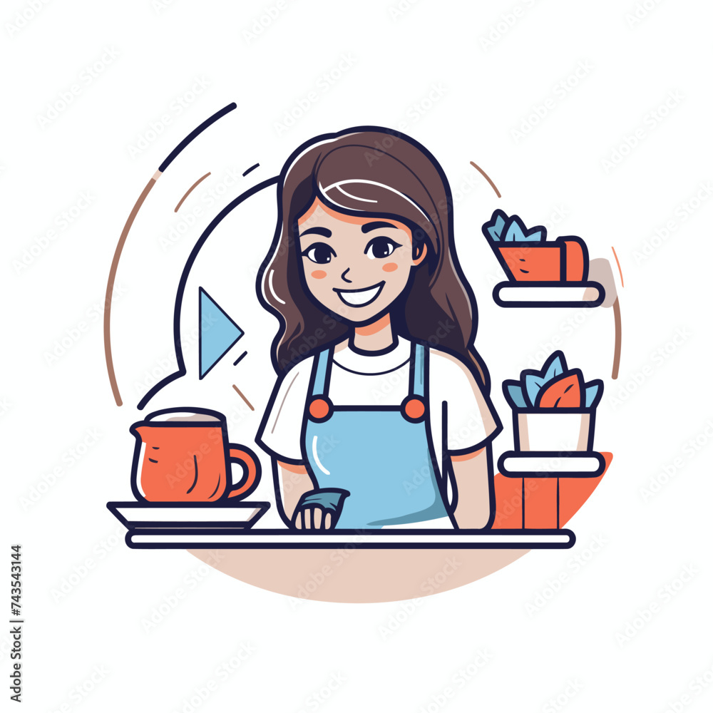 Poster Cute girl in apron with cup of coffee and laptop. Vector illustration.