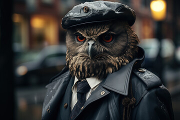 Owl wearing a police uniform, leather jacket, portrait style.