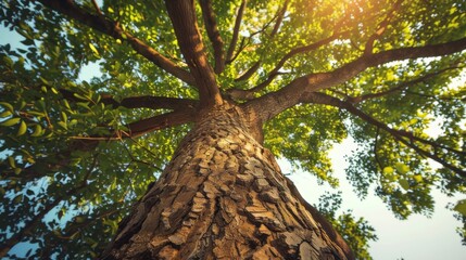 Naklejka premium Tree view from below. Closeup tree trunk with bark and branches with leaves. An unusual perspective on the forest and nature