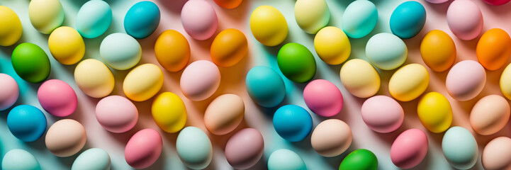 Multicolored Easter eggs decoration arranged on pastel backdrop. Spring colors Easter background - 743543376