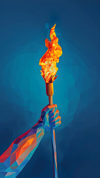a hand holding the Olympic flame on a blue background