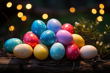 Beautiful easter scene. delicate spring flowers and a variety of nestled pastel colored eggs