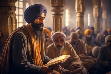 
Middle-aged Sikh granthi in his 40s reciting hymns inside the Golden Temple in Amritsar, India - obrazy, fototapety, plakaty