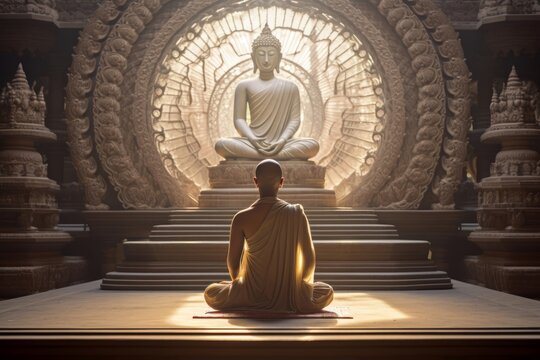 
Middle-aged Jain monk in his 40s meditating in front of a sacred statue inside an intricately carved Indian temple
