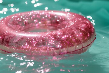 pink glitter pool float in a beautiful turquoise swimming pool