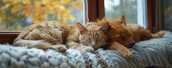 Dog and cat sleeping together, a symbol of unexpected friendships.