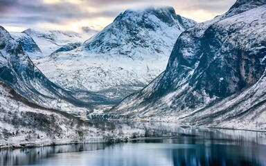 fjords. high mountains on twilights in Norway, winter - obrazy, fototapety, plakaty