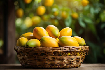 Capture of man's hand holding a basket full with ripen mangoes. Full basket of ripen yellow mangoes. Yellow ripen mangoes in basket isolated on hand against blurred background. Selective Focus.