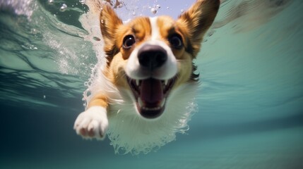A delightful and amusing scene capturing a funny Welsh Corgi puppy joyfully swimming underwater in a summer pool.  