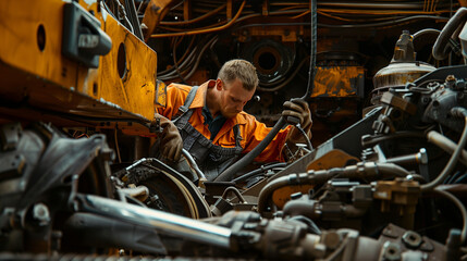 Skilled Mechanic Performing Maintenance on Heavy Machinery During Workday
