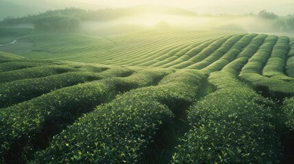 Sunrise tea plantation. Generative AI