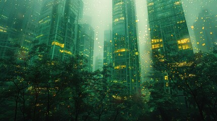 green city - double exposure of lush green forest and modern skyscrapers windows