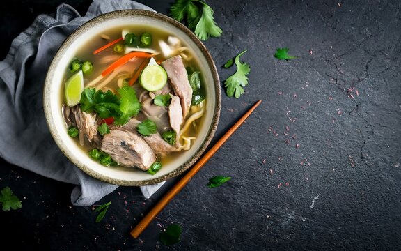 Plate of Vietnamese pho bo soup on a dark background, top view