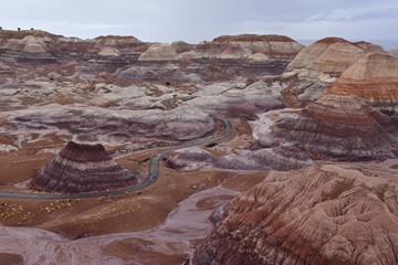 looking down on the blue mesa trail and petrified wood  in  the colorful blue mesa  badlands area...