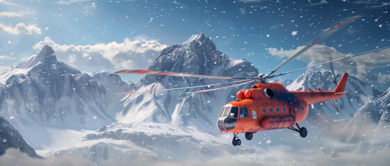 Search-and-rescue orange helicopter navigating through misty snow-peaked mountains. - obrazy, fototapety, plakaty