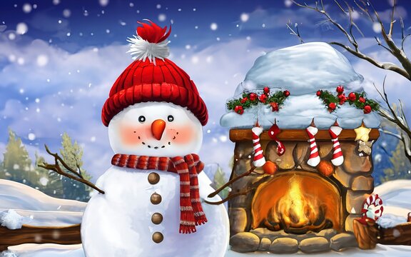 Snowman. Merry christmas and happy new year greeting card. Funny snowman in a hat on a snowy background